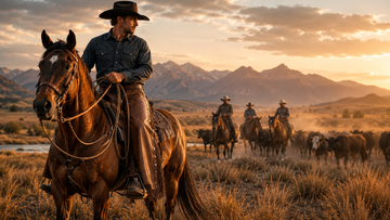 Cowboy wearing premium brown leather chaps riding through a Western ranch at golden hour representing different riding styles