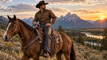 Man wearing premium leather chaps over jeans while riding a horse through a rugged Western landscape