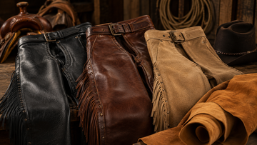 Premium full-grain, top-grain, and suede leather used for handcrafted leather chaps