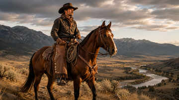 Historic cowboy wearing traditional leather chaps riding through a rugged Western landscape