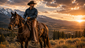 Cowboy wearing premium leather chaps riding outdoors, showcasing durable long-lasting riding gear
