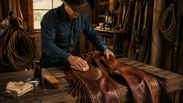 Cowboy cleaning premium brown leather chaps in a rustic Western workshop