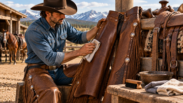 Cowboy cleaning brown leather chaps with a microfiber cloth