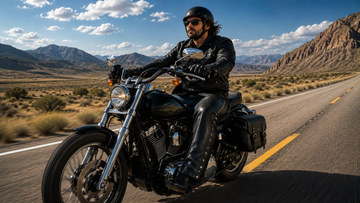 Motorcycle rider wearing black leather chaps over jeans on an open highway