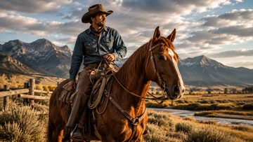 Cowboy wearing premium leather chaps while riding a horse in a rugged Western landscape