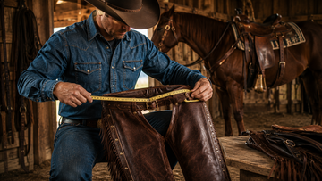 Cowboy measuring premium leather chaps for the perfect fit beside a saddled horse