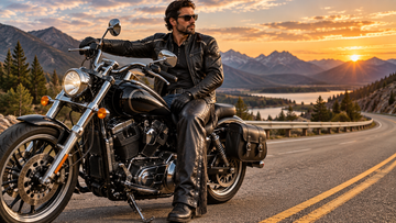 Man wearing black leather chaps over jeans while riding a motorcycle on an open highway