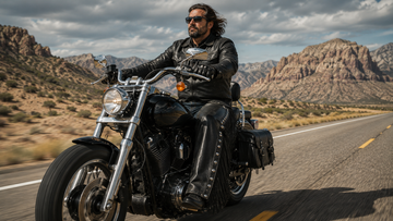 Motorcycle rider wearing black leather chaps riding on an open highway in rugged outdoor scenery