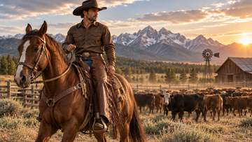 Cowboy wearing brown leather chaps while horseback riding on a Western ranch