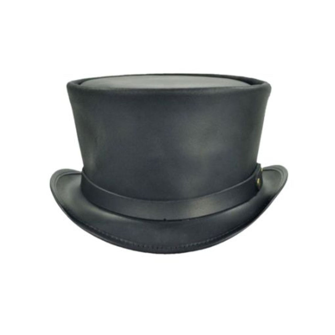 Front view of black leather steampunk top hat with tall Victorian crown and curved brim.