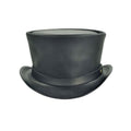 Front view of black leather steampunk top hat with tall Victorian crown and curved brim.
