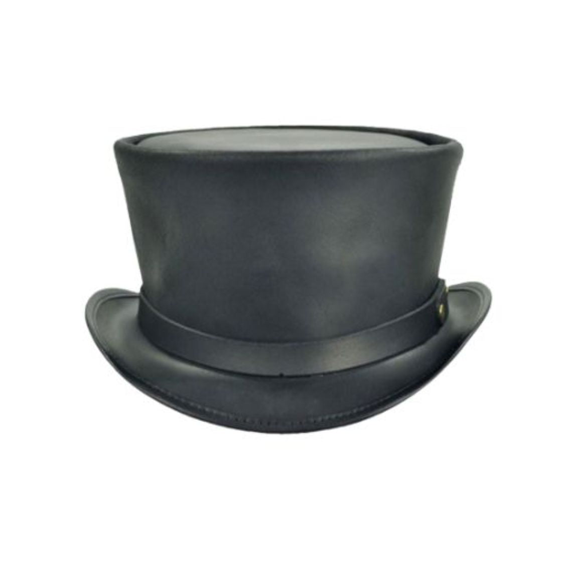 Front view of black leather steampunk top hat with tall Victorian crown and curved brim.