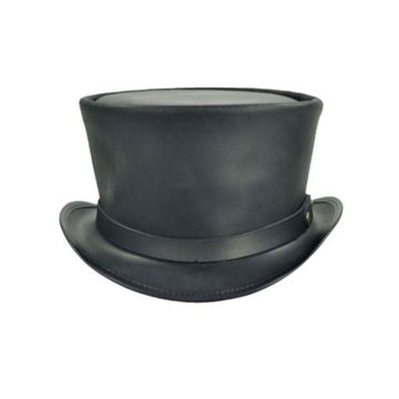 Front view of black leather steampunk top hat with tall Victorian crown and curved brim.