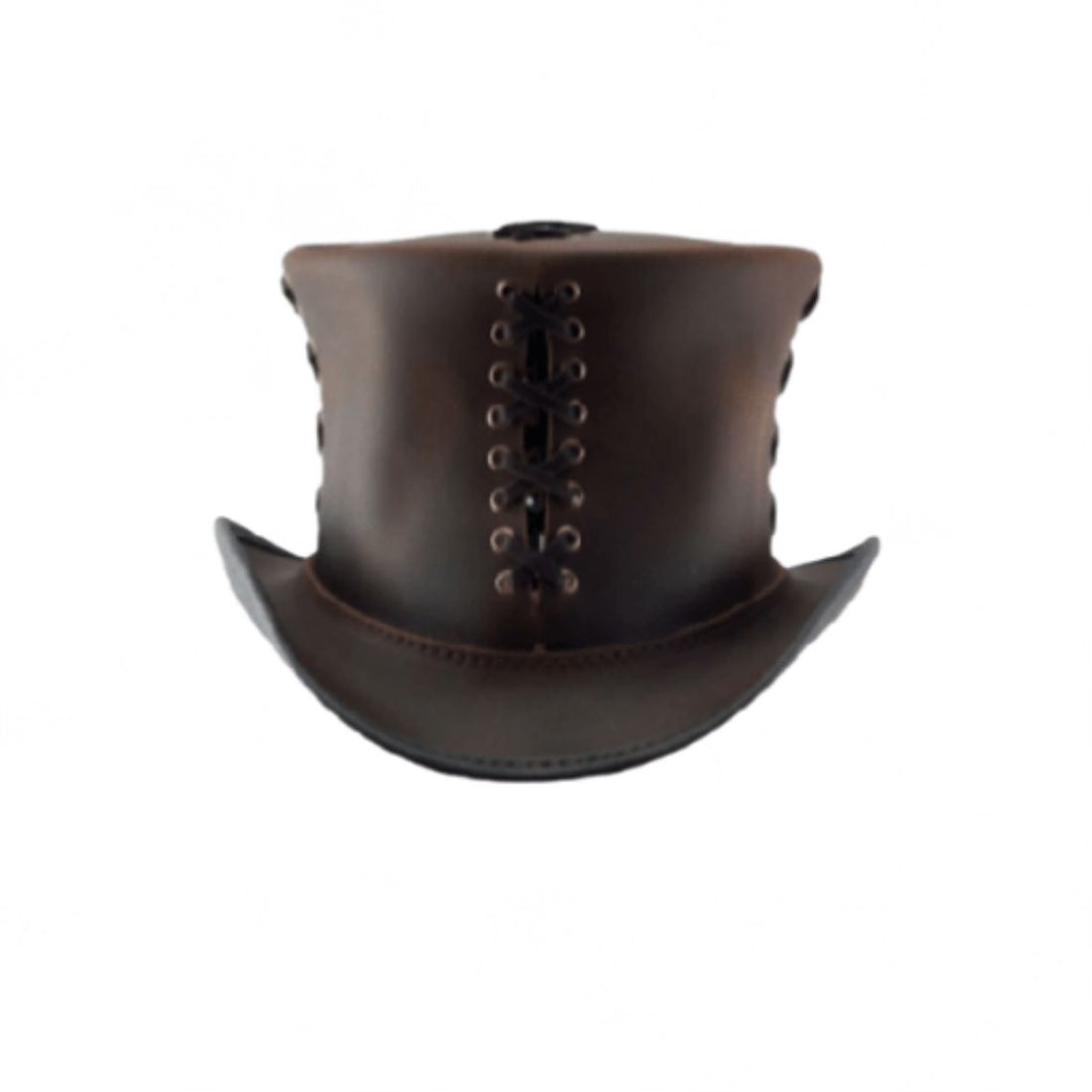 Front view of brown leather lace-up top hat featuring decorative eyelet lacing and curved brim.