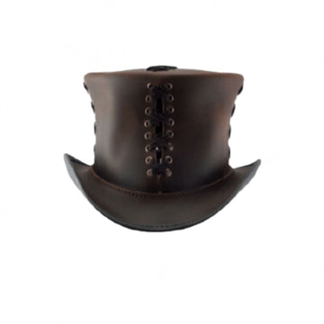Front view of brown leather lace-up top hat featuring decorative eyelet lacing and curved brim.