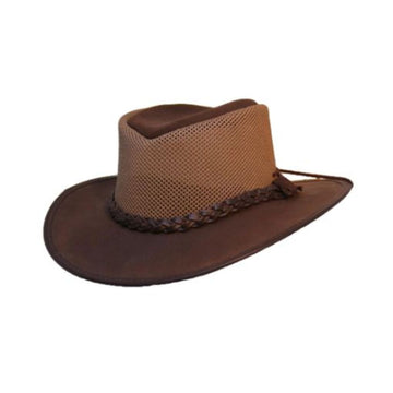 Mens Leather Cowboy Hat Breathable Outback Explorer Front Angle View with Braided Leather Band