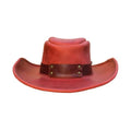 Mens Vintage Red Leather Cowboy Hat Crimson Frontier Edition top view showing premium leather craftsmanship