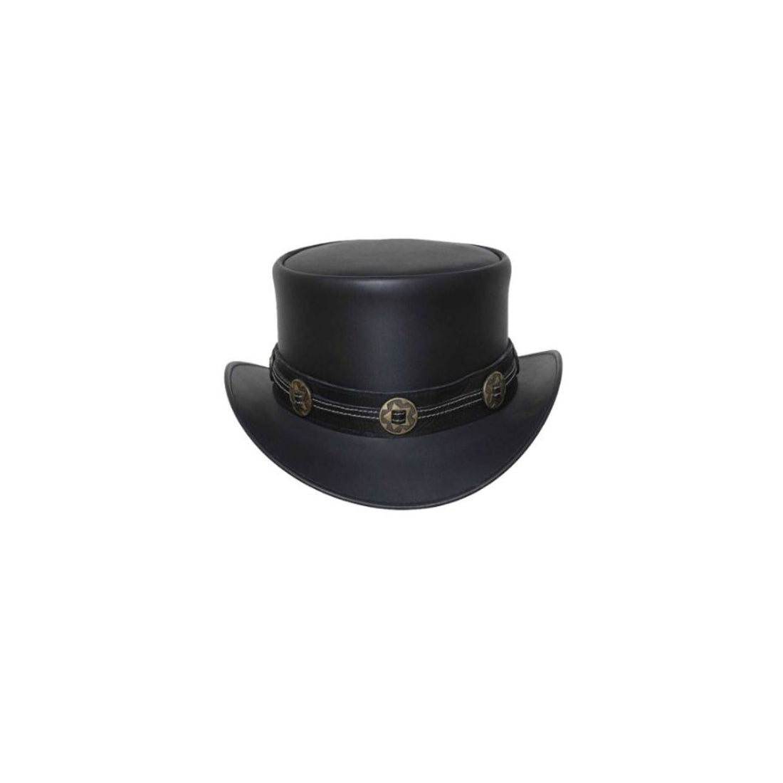 Front view of a black leather steampunk western top hat featuring antique concho band detailing.