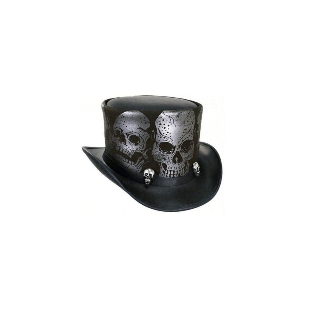 Front view of a black leather biker top hat showcasing detailed skull graphics and curved brim styling.