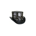 Front angled view of a black leather skull steampunk top hat with metallic skull accents.