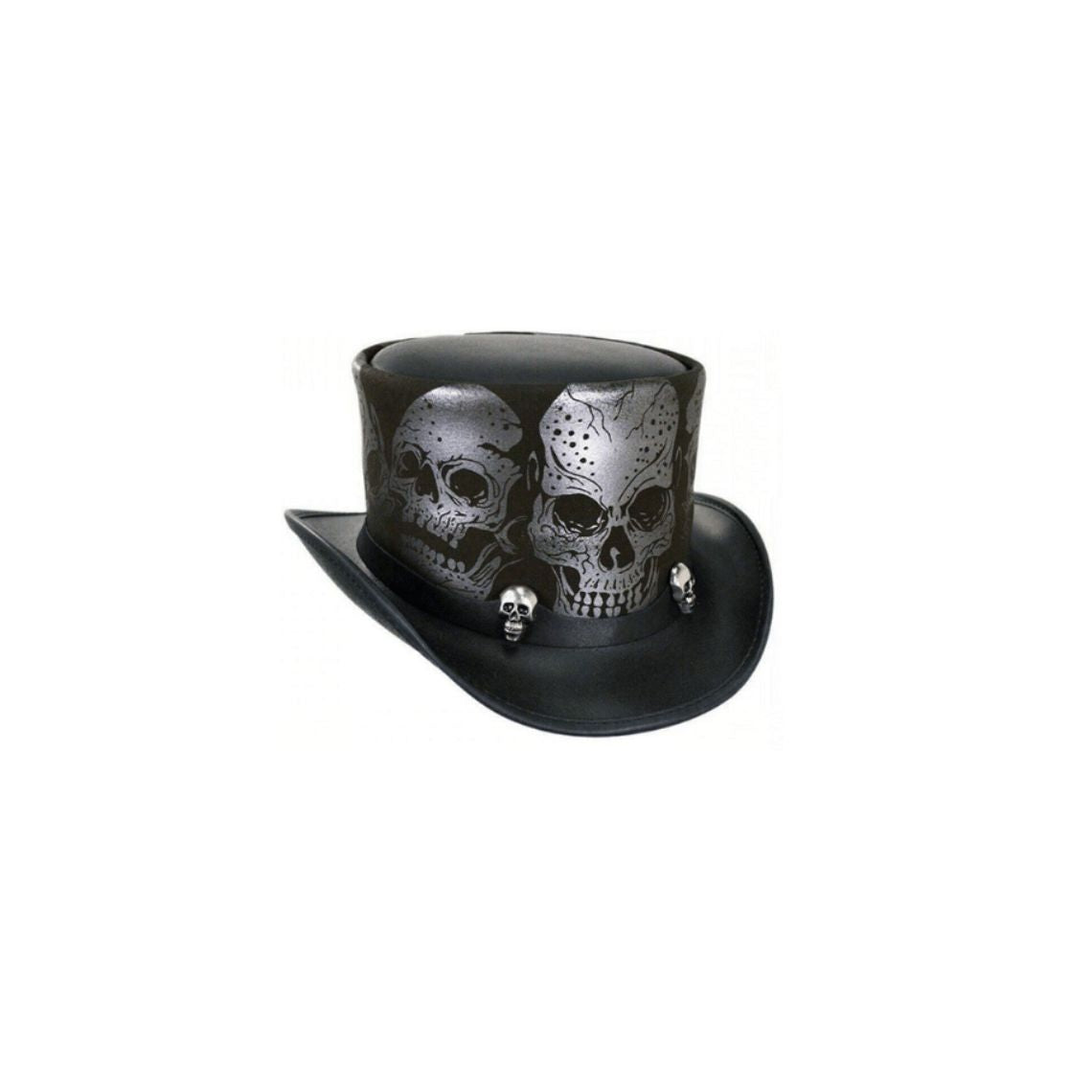 Front angled view of a black leather skull steampunk top hat with metallic skull accents.