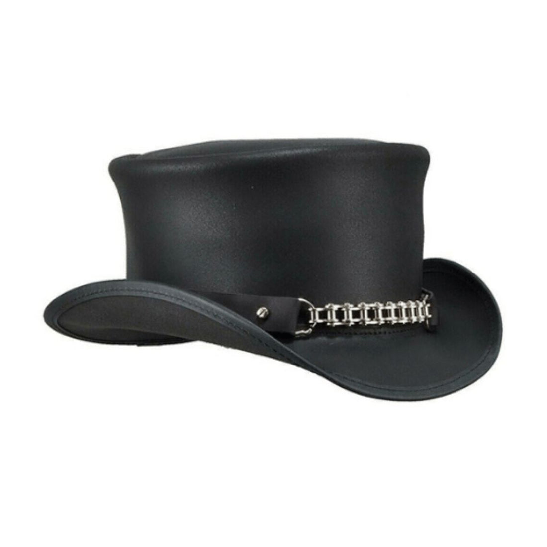 Front view of handcrafted black Victorian-style leather top hat with silver chain accent and structured crown.
