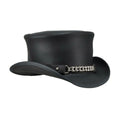 Side view of black leather steampunk top hat featuring decorative silver chain hatband and curved brim.