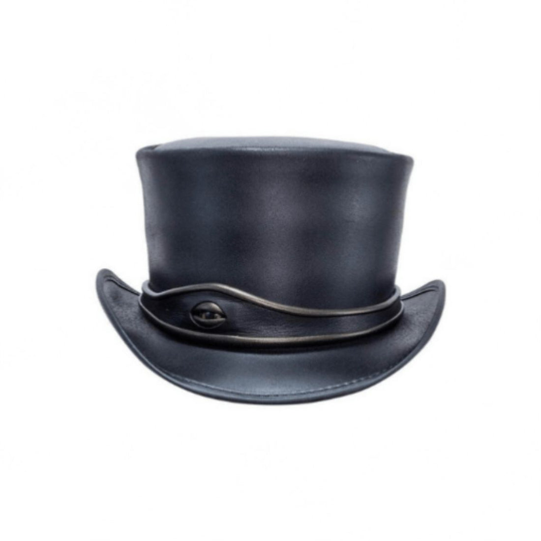 Front view of black leather steampunk top hat featuring metal band accent and curved brim design.