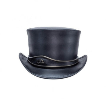 Front view of black leather steampunk top hat featuring metal band accent and curved brim design.