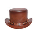 Front view of brown leather steampunk top hat featuring decorative skull and gear hatband accents.