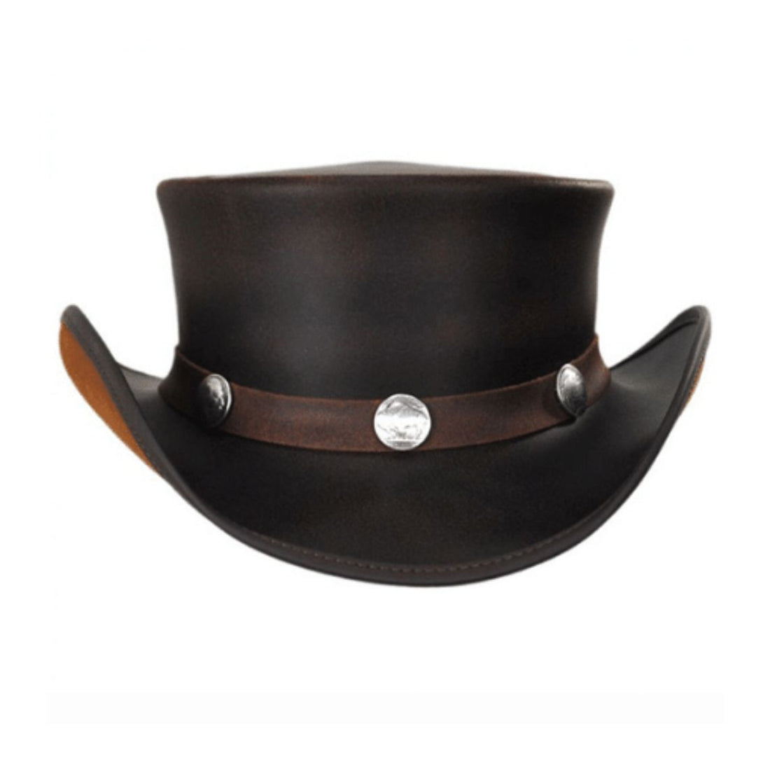 Front view of vintage black and brown leather western top hat with decorative metal concho hatband.