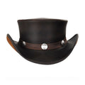Front view of vintage black and brown leather western top hat with decorative metal concho hatband.
