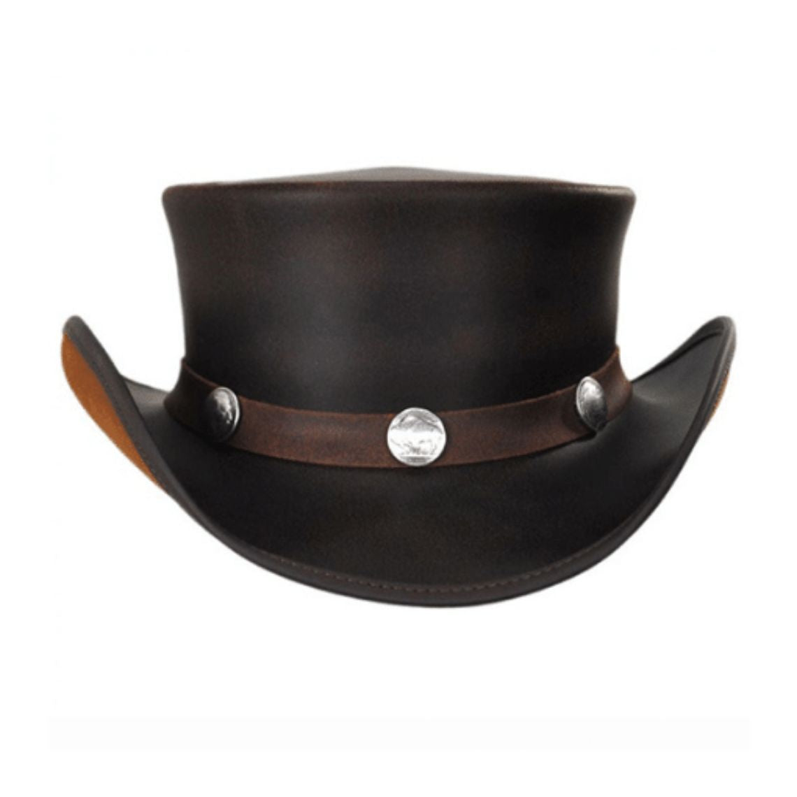 Front view of vintage black and brown leather western top hat with decorative metal concho hatband.