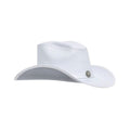 Side view of mens white leather cowboy hat with classic western crown and wide curved brim.