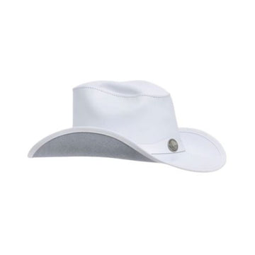 Side view of mens white leather cowboy hat with classic western crown and wide curved brim.