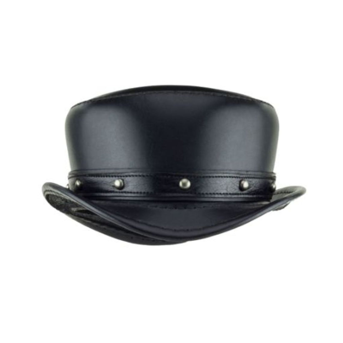 Front view of black leather steampunk top hat featuring a studded leather hatband and low-profile rounded crown.