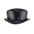 Front view of black leather steampunk top hat featuring a studded leather hatband and low-profile rounded crown.