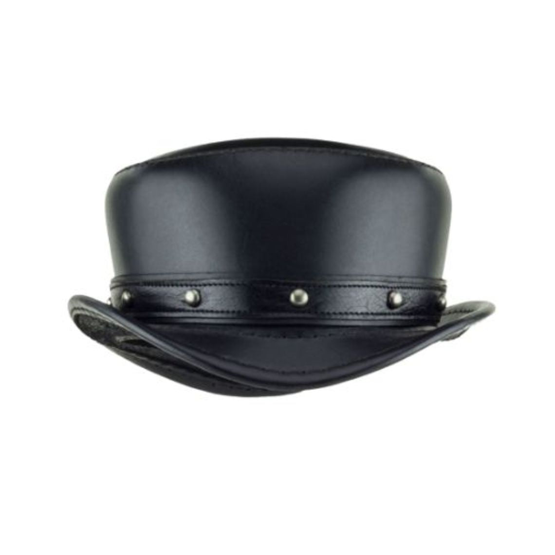 Front view of black leather steampunk top hat featuring a studded leather hatband and low-profile rounded crown.