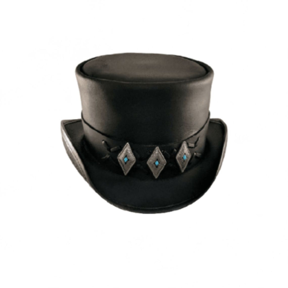Front view of a black leather steampunk top hat with turquoise diamond concho hatband.