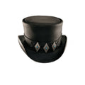 Front view of a black leather steampunk top hat with turquoise diamond concho hatband.
