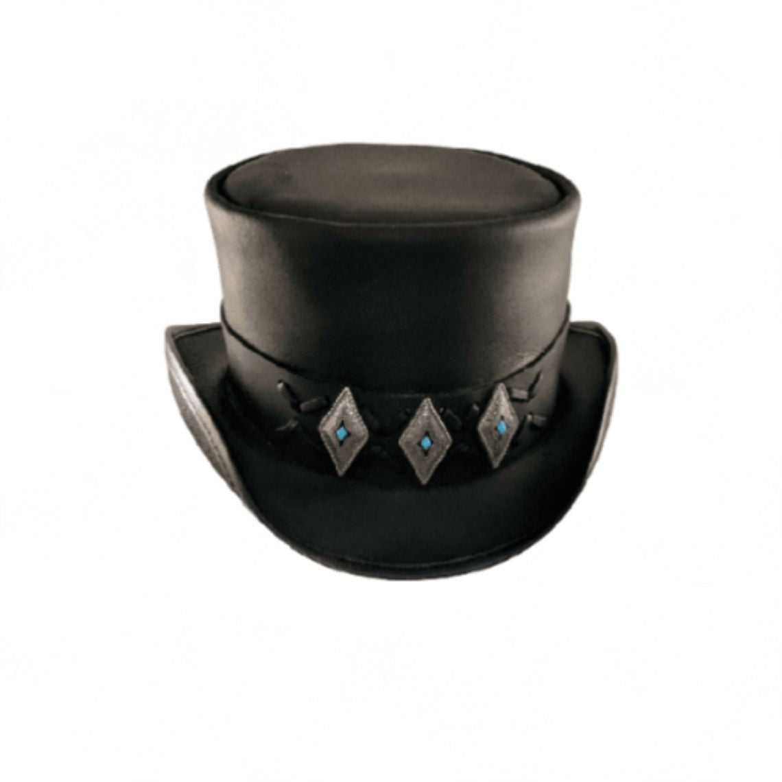 Front view of a black leather steampunk top hat with turquoise diamond concho hatband.