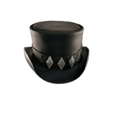 Front view of a black leather steampunk top hat with turquoise diamond concho hatband.