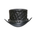 Front view of black quilted leather steampunk top hat with rivet-accented hatband and curved brim.