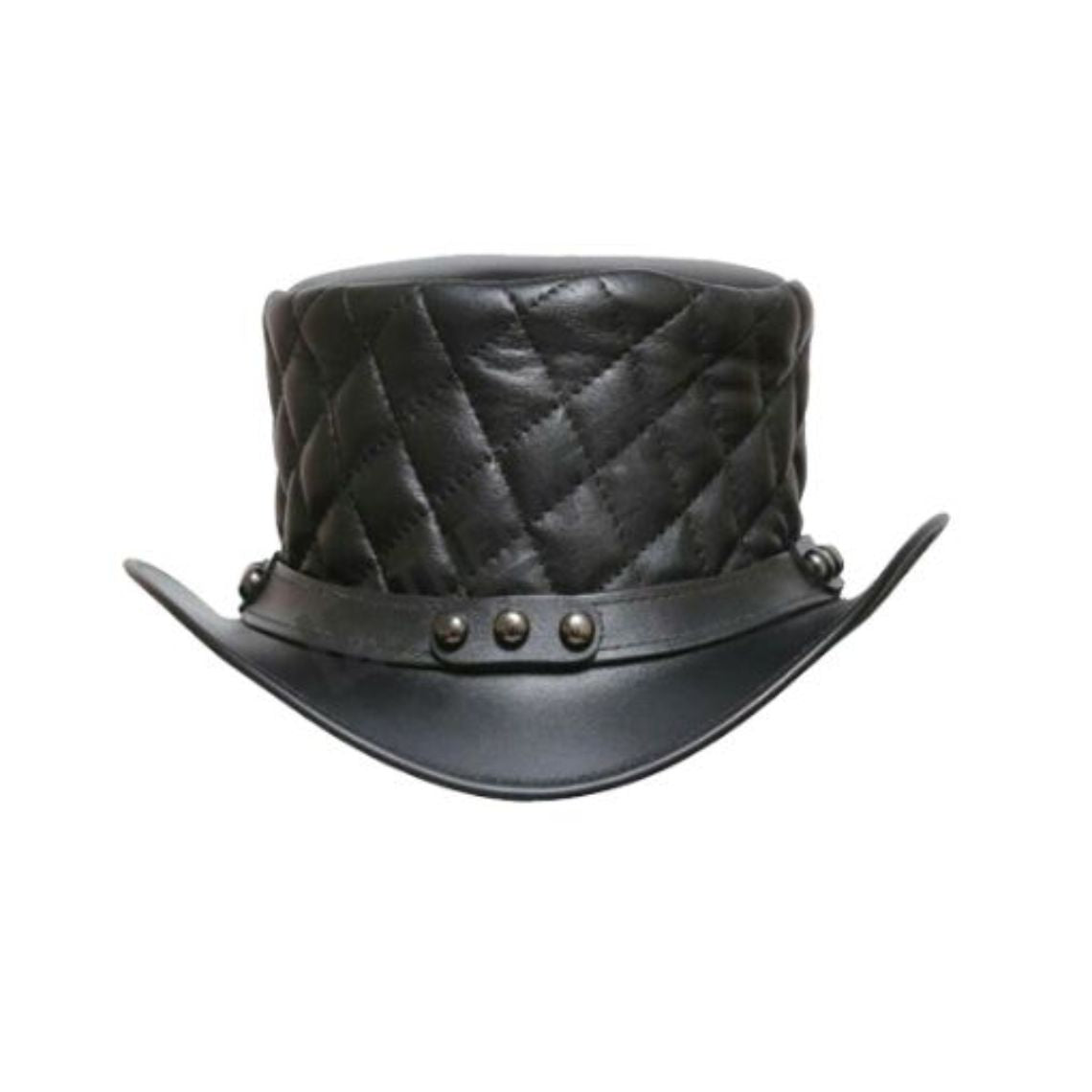 Front view of black quilted leather steampunk top hat with rivet-accented hatband and curved brim.