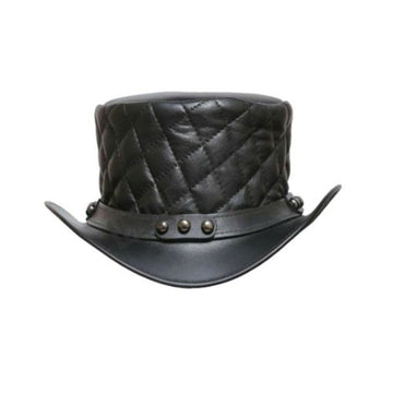 Front view of black quilted leather steampunk top hat with rivet-accented hatband and curved brim.