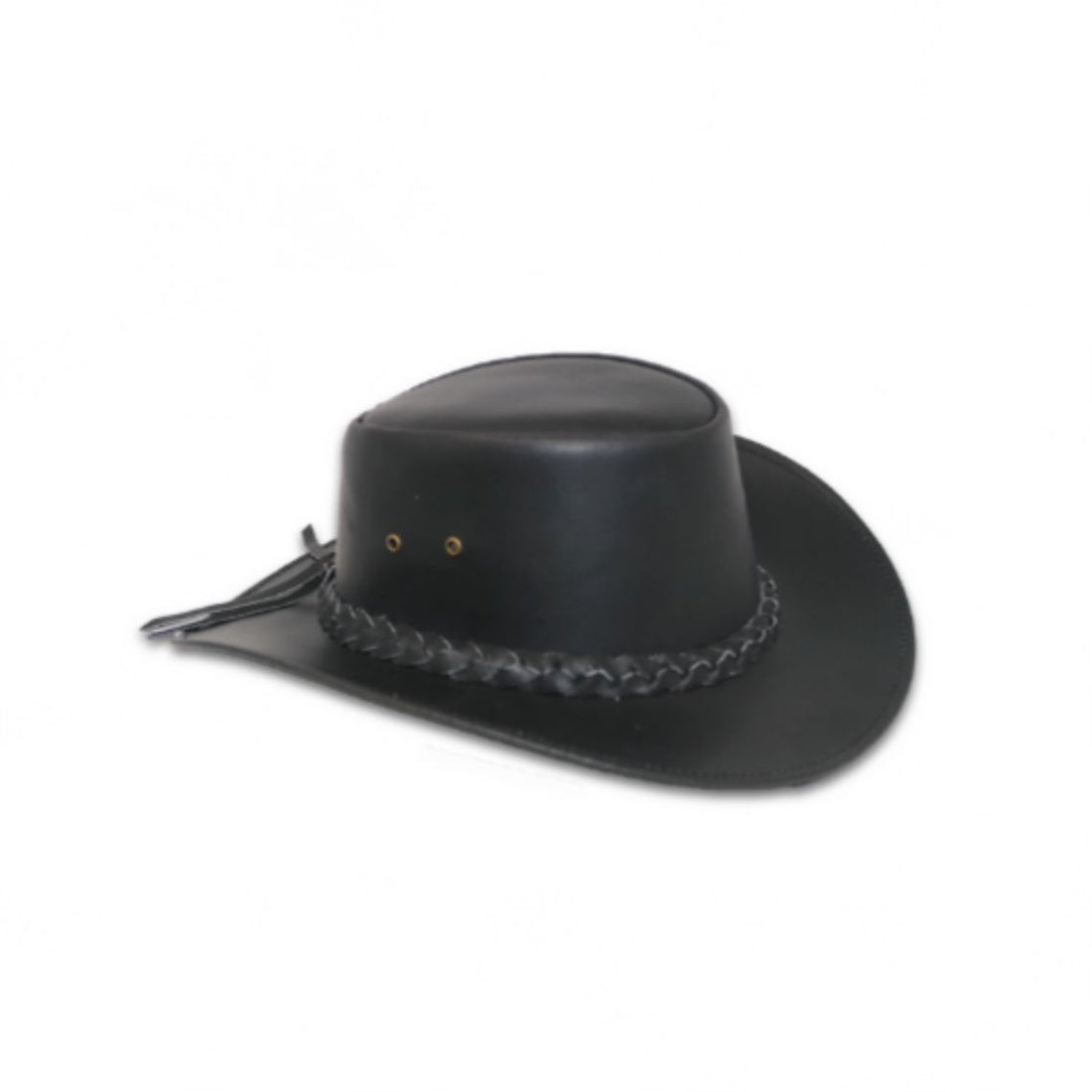 Mens black leather outback cowboy hat with braided leather hatband front angled view