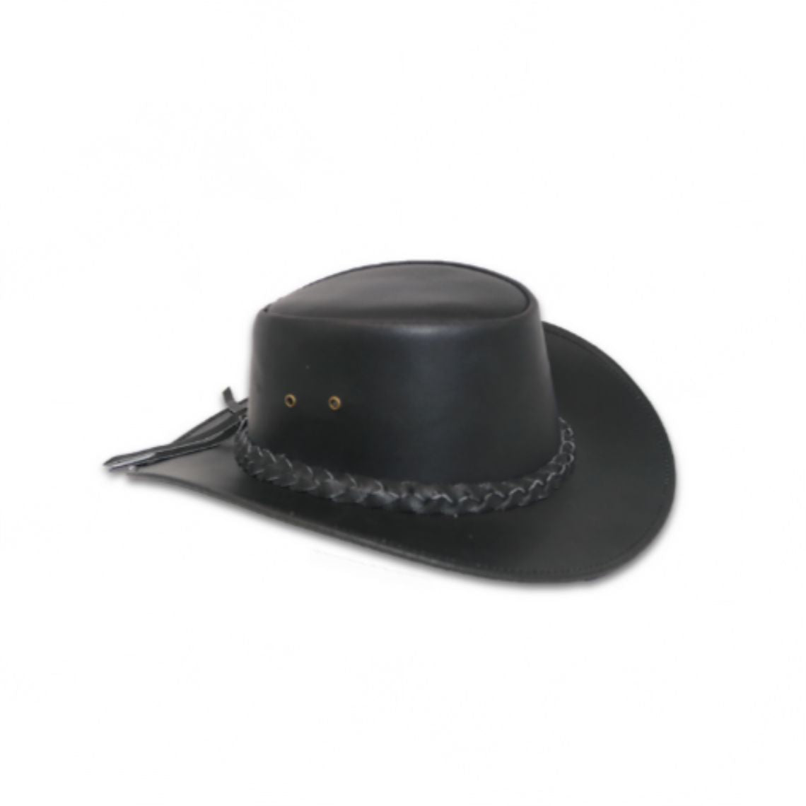 Mens black leather outback cowboy hat with braided leather hatband front angled view