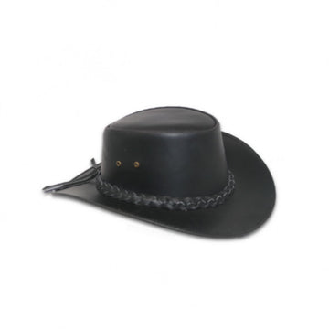 Mens black leather outback cowboy hat with braided leather hatband front angled view