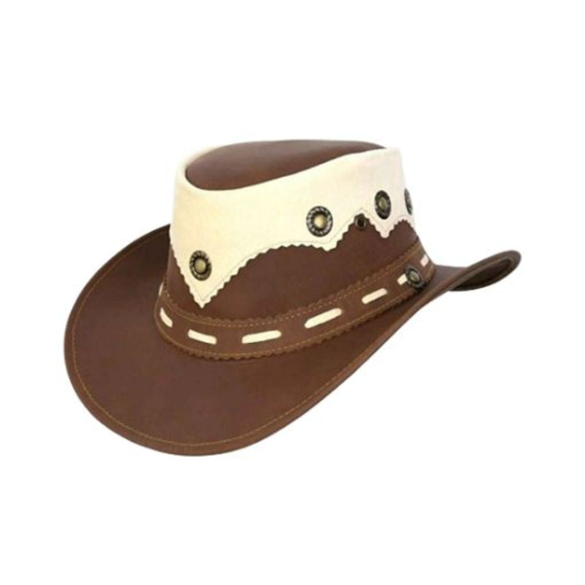 Mens brown and ivory leather cowboy hat with decorative concho band front angled view