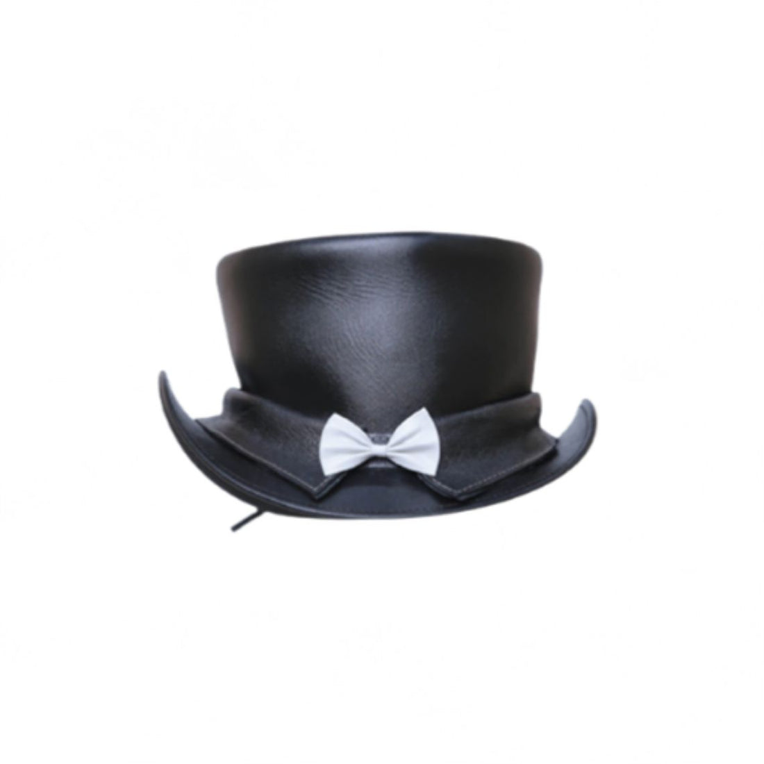 Front view of mens black leather steampunk top hat with tall crown, curved brim, and white bow accent.